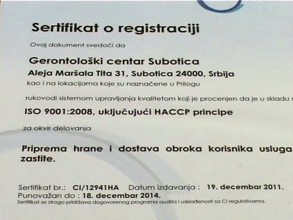 u acca srbiji sertifikat centru HACCP 26.01 (Vesti ISO   i  u GerontoloÅ¡kom  9001